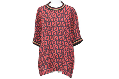FENDI フェンディ オーバーTシャツ トップス FFズッカ ロゴ レーヨン レッド ブラック ベージュ サイズ38 美品 中古 46783