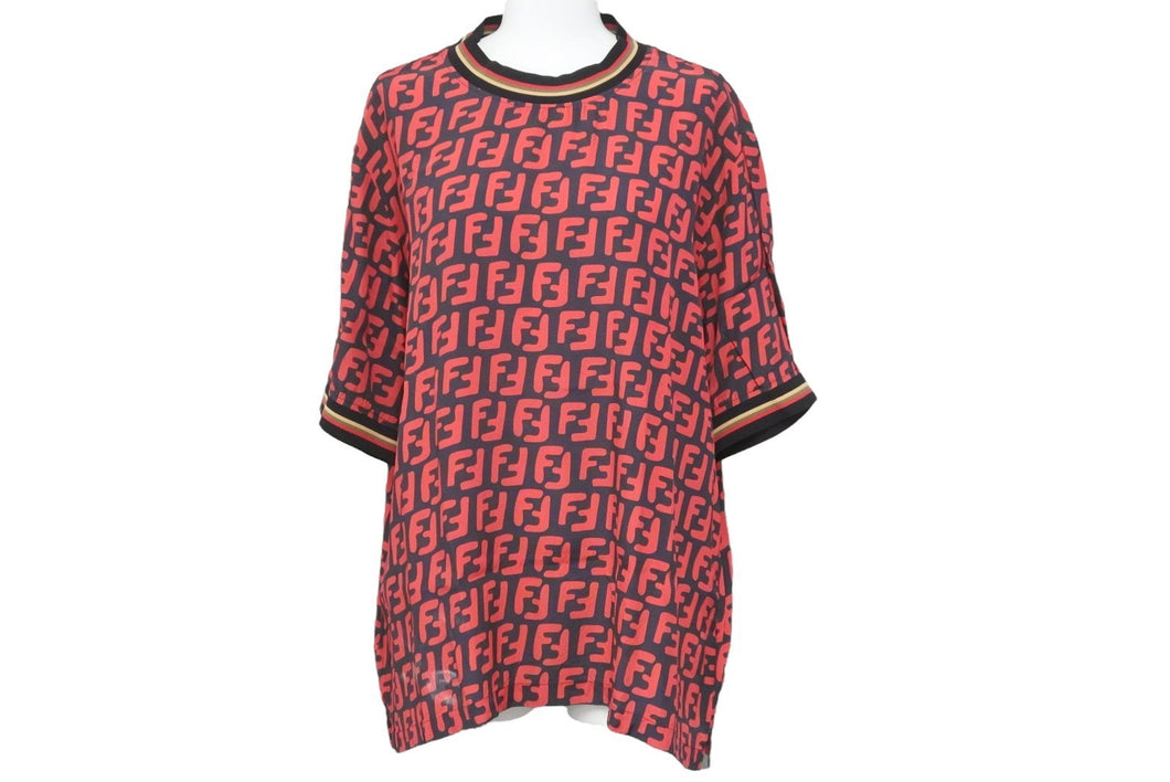 FENDI フェンディ オーバーTシャツ トップス FFズッカ ロゴ レーヨン レッド ブラック ベージュ サイズ38 美品 中古 46783