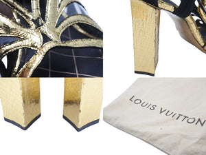 非売品 Louis Vuitton ルイヴィトン パンプス サンダル シューズ レザー スエード ブラック ゴールド サイズ 39 良品 中古 46811