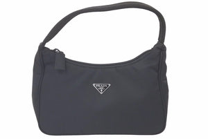 PRADA プラダ MV515 ホーボー ハンドバッグ ミニバッグ 三角ロゴ金具 プレート ナイロン ブラック レディース 美品 中古 45966