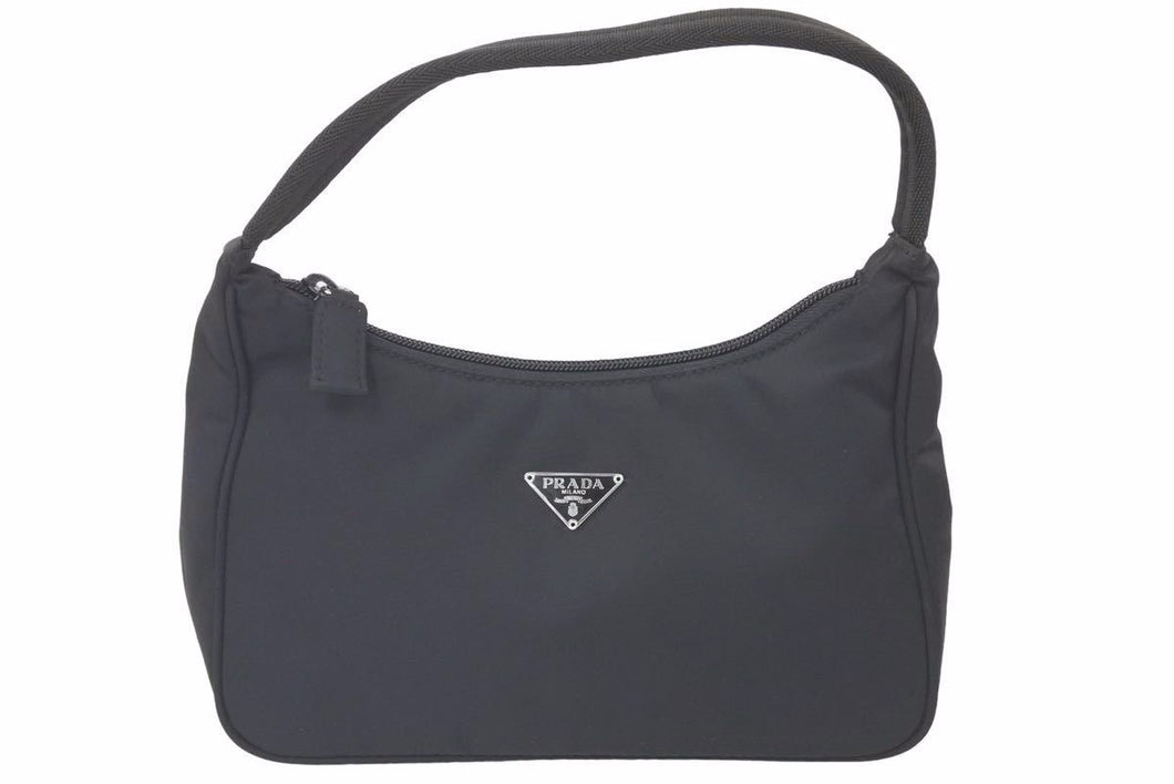 PRADA プラダ MV515 ホーボー ハンドバッグ ミニバッグ 三角ロゴ金具 プレート ナイロン ブラック レディース 美品 中古 45966