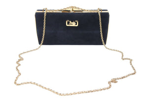 CELINE セリーヌ チェーンショルダーバッグ がま口 スウェード ブラック レッド ゴールド馬車金具 美品 中古 46853