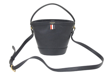 THOM BROWNE トムブラウン バケツ型 2WAYバッグ ショルダーバッグ ハンドバッグ レザー ブラック ゴールド金具 美品 中古 46912