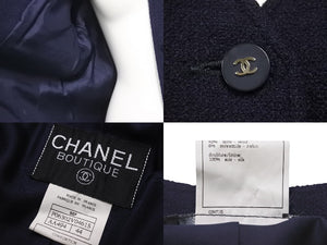 デッドストック 極美品 CHANEL シャネル ヴィンテージ ノーカラー コート 96P P06302V04615 ネイビー サイズ44 中古 46992