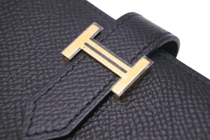 新品未使用 HERMES エルメス 二つ折り財布 コンパクトウォレット ベアンコンパクト ヴォーエプソン ブラック ゴールド 中古 47012