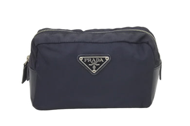 PRADA プラダ テスートナイロン×レザー コスメポーチ 化粧ポーチ マルチケース 小物入れ ネイビー 中古 47017