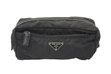 PRADA プラダ ポーチ コスメポーチ 化粧ポーチ 小物ケース ブラック ナイロン×レザー ワンポイントロゴ 中古 47019