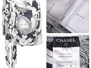 CHANEL シャネル ライオンフラワー柄 セットアップ 長袖シャツ スカート P37785V27395 M6895 白 ネイビー サイズ38 美品 中古 47033
