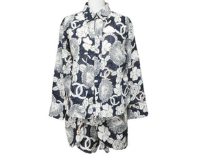 CHANEL シャネル ライオンフラワー柄 セットアップ 長袖シャツ スカート P37785V27395 M6895 白 ネイビー サイズ38 美品 中古 47033