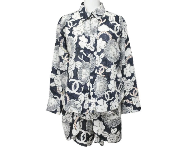 CHANEL シャネル ライオンフラワー柄 セットアップ 長袖シャツ スカート P37785V27395 M6895 白 ネイビー サイズ38 美品 中古 47033