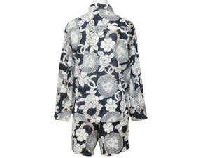 CHANEL シャネル ライオンフラワー柄 セットアップ 長袖シャツ スカート P37785V27395 M6895 白 ネイビー サイズ38 美品 中古 47033