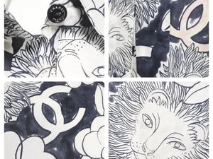 CHANEL シャネル ライオンフラワー柄 セットアップ 長袖シャツ スカート P37785V27395 M6895 白 ネイビー サイズ38 美品 中古 47033