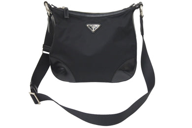 PRADA プラダ AW A3699 ロゴ プレート テスートナイロン レザー 斜めがけ ショルダー バッグ サコッシュ 黒 中古 47069