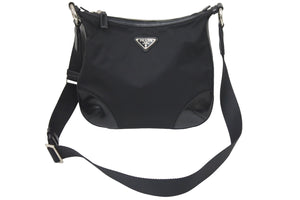PRADA プラダ AW A3699 ロゴ プレート テスートナイロン レザー 斜めがけ ショルダー バッグ サコッシュ 黒 中古 47069
