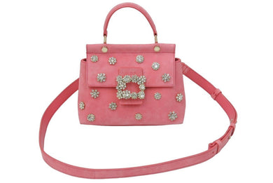 極美品 Roger Vivier/ロジェ ヴィヴィエ ヴィヴ カバ フラワーストラス ミニ 21年 ピンク スエード 中古 47152