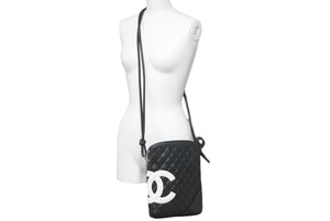 CHANEL シャネル カンボンライン ミディアムポシェット ココマーク 9番台 A25178 カーフレザー ブラック ホワイト 美品 中古 47228