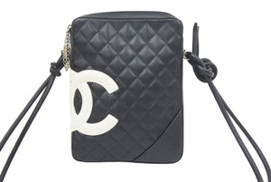 CHANEL シャネル カンボンライン ミディアムポシェット ココマーク 9番台 A25178 カーフレザー ブラック ホワイト 美品 中古 47228