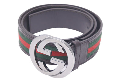 GUCCI グッチ ベルト シェリーライン GGバックルベルト 114984 ブラウン グリーン レッド シルバー金具 美品 中古 47147