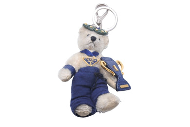 PRADA プラダ キーホルダー ホワイト ブルー バッグチャーム キーリング クマ ベア シルバー金具 中古 47341