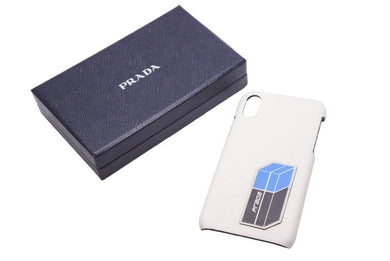 極美品 PRADAプラダ 2ZH058 iPhoneX iPhoneXS用ケース ハードケース ホワイト ブルー ブラック 中古 47361