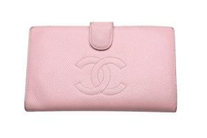 CHANEL シャネル ココマーク ロゴ ホック付長財布 キャビアスキン ピンク 二つ折り財布 9番台/A13498 良品 中古 47496