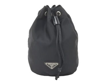 PRADA プラダ 巾着バッグ 巾着ポーチ ナイロンバッグ 小物入れ 三角ロゴプレート ブラック シルバー金具 美品 中古 47515