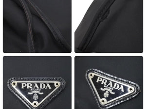 PRADA プラダ 巾着バッグ 巾着ポーチ ナイロンバッグ 小物入れ 三角ロゴプレート ブラック シルバー金具 美品 中古 47515