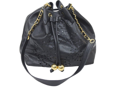 CHANEL シャネル キャビアスキンパンチングココマークショルダーバッグ 巾着 ブラック ゴールド金具 美品 中古 47685