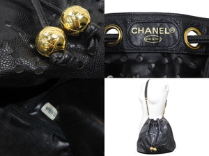 CHANEL シャネル キャビアスキンパンチングココマークショルダーバッグ 巾着 ブラック ゴールド金具 美品 中古 47685