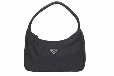 PRADA プラダ MV515 ホーボー ハンドバッグ ミニバッグ 三角ロゴ金具 プレート ナイロン ブラック レディース 美品 中古 47688
