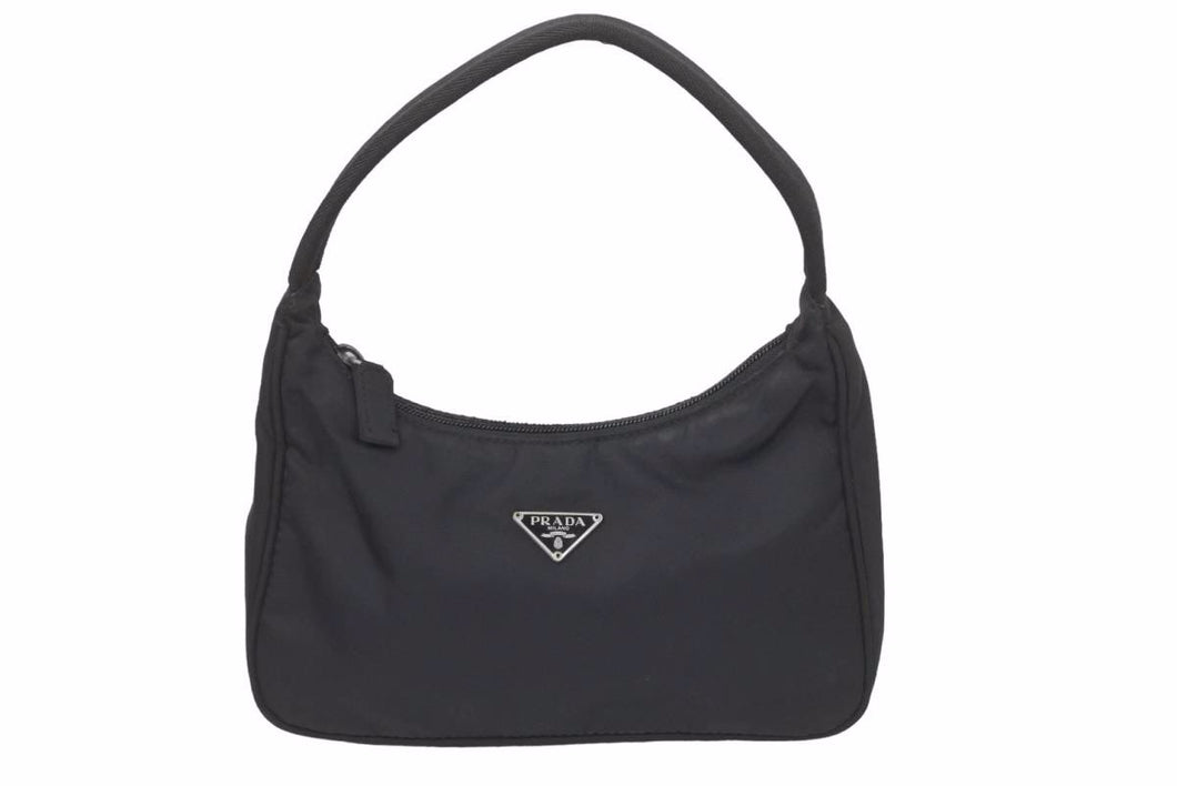 PRADA プラダ MV515 ホーボー ハンドバッグ ミニバッグ 三角ロゴ金具 プレート ナイロン ブラック レディース 美品 中古 47688