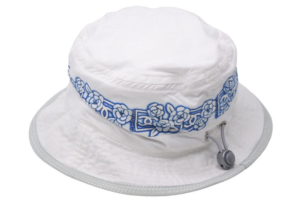 CHANEL シャネル スポーツライン ココマーク カメリア バケットハット ポリエステル ホワイト ブルー グレー M 美品 中古 47851