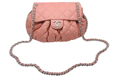 極美品 CHANEL シャネル マトラッセ チェーンアラウンド ショルダーバッグ 15番台 ラムスキン サーモンピンク シルバー 中古 47858