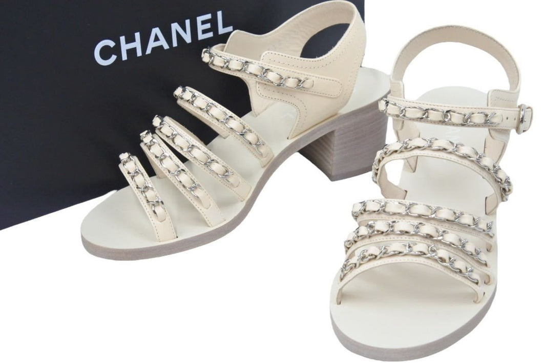 未使用品 CHANEL シャネル チェーンサンダル ココマーク 35C イタリア製 カーフスキン ベージュ シルバー金具 サイズ36 47914