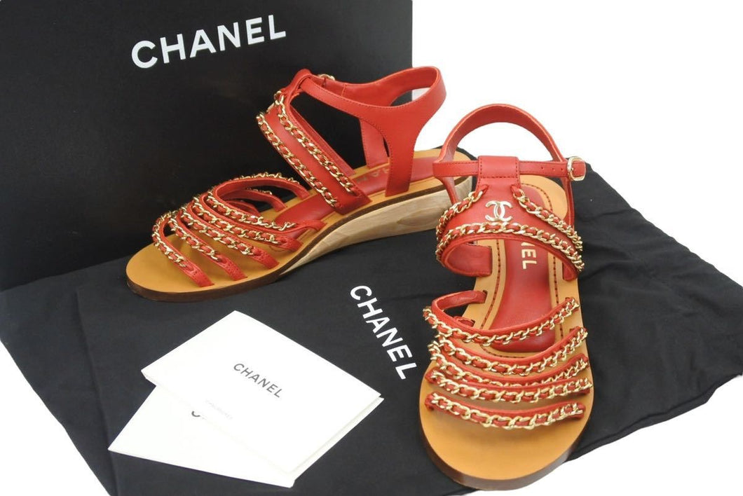 CHANEL シャネル ウッドサンダル ココマーク付き ラウンドトゥ レディース チェーン レザー レッド 36C 20P G35868 美品 中古 47915