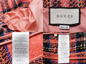 GUCCI グッチ タータン 金ボタン ウール ツイードジャケット ピンク 711528 ウール ナイロン 美品 中古 47955 