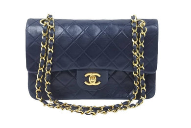CHANEL シャネル マトラッセWフラップチェーンショルダーバッグ 0番台 ラムスキン 23cm ネイビー ゴールド金具 美品 中古 47974