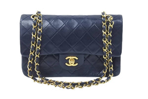 CHANEL シャネル マトラッセWフラップチェーンショルダーバッグ 0番台 ラムスキン 23cm ネイビー ゴールド金具 美品 中古 47974