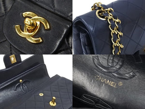 CHANEL シャネル マトラッセWフラップチェーンショルダーバッグ 0番台 ラムスキン 23cm ネイビー ゴールド金具 美品 中古 47974