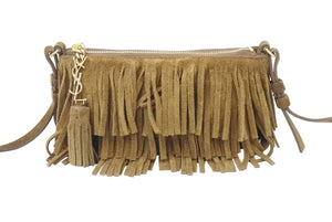 YVES SAINT LAURENT イヴ・サンローラン ショルダーバッグ フリンジ シルク スウェード ブラウン ゴールド金具 美品 中古 47977