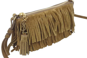 YVES SAINT LAURENT イヴ・サンローラン ショルダーバッグ フリンジ シルク スウェード ブラウン ゴールド金具 美品 中古 47977