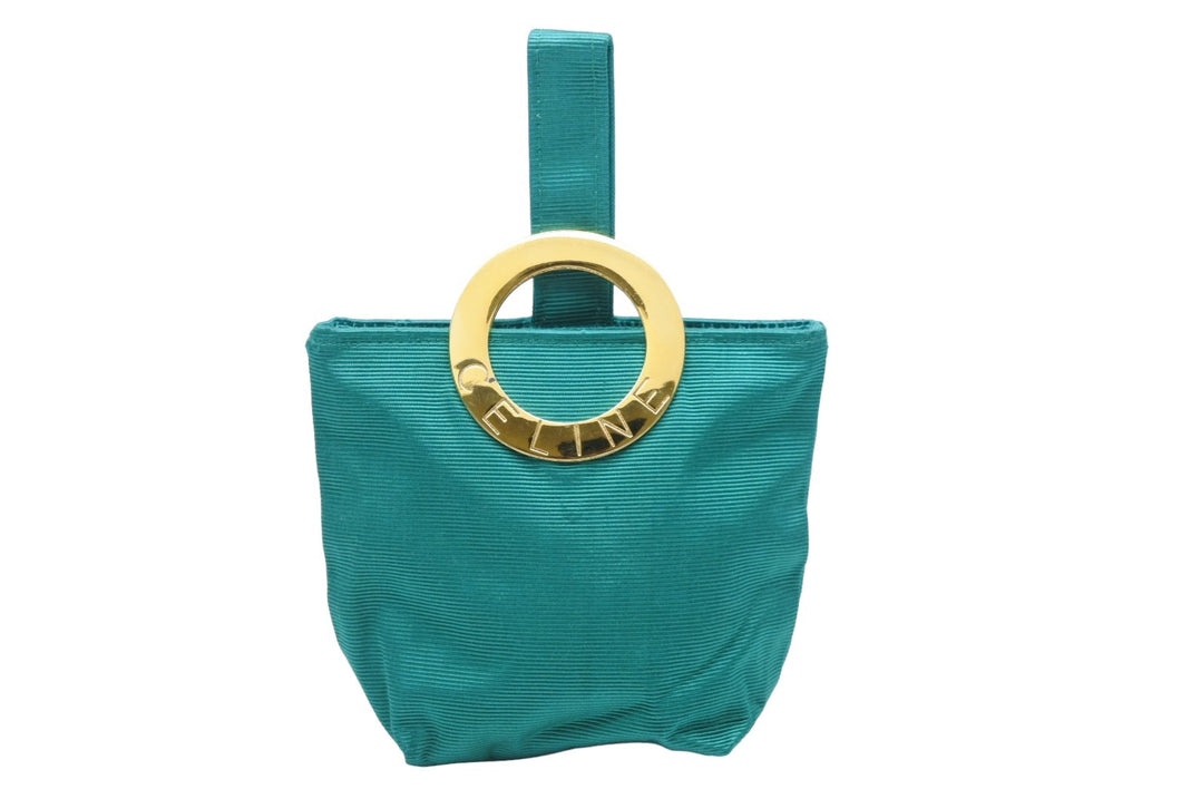 CELINE セリーヌ ミニポーチ ハンドバッグ 小物入れ サークルロゴ キャンバス GP グリーン ゴールド金具 美品 中古 47982