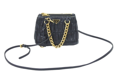 PRADA プラダ ゴーフル ギャザー 2WAYミニハンドバッグ ショルダーバッグ トライアングルロゴ BH907 ブラック 美品 中古 48035