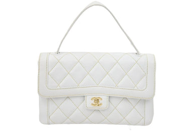 CHANEL シャネル ワイルドステッチ フラップ ハンドバッグ ココマーク 9番台 ラムスキン ホワイト ゴールド金具 美品 中古 48157