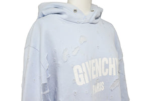 Givenchy ジバンシー デストロイ クラッシュ ロゴ パーカー 水色 ブルー ダメージ トップス BM703A3Y0S サイズM 中古 48177