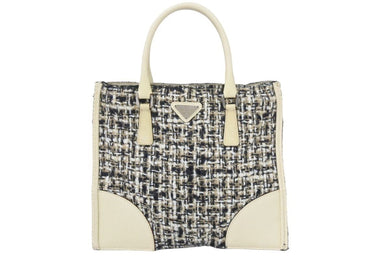 PRADA プラダ ミニトートバッグ ハンドバッグ トライアングルロゴ ツイード レザー ベージュ ブラック アイボリー 良品 中古 48241