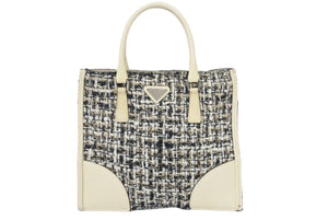 PRADA プラダ ミニトートバッグ ハンドバッグ トライアングルロゴ ツイード レザー ベージュ ブラック アイボリー 良品 中古 48241