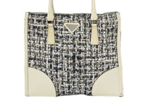 Load image into Gallery viewer, PRADA プラダ ミニトートバッグ ハンドバッグ トライアングルロゴ ツイード レザー ベージュ ブラック アイボリー 良品 中古 48241