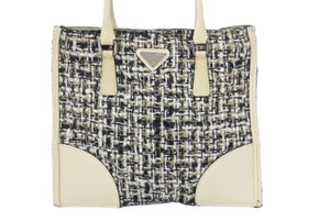 PRADA プラダ ミニトートバッグ ハンドバッグ トライアングルロゴ ツイード レザー ベージュ ブラック アイボリー 良品 中古 48241