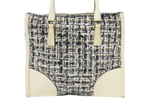 PRADA プラダ ミニトートバッグ ハンドバッグ トライアングルロゴ ツイード レザー ベージュ ブラック アイボリー 良品 中古 48241